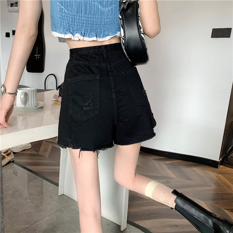 Black jeans, shorts, women's 2023 summer new Korean version with holes, high waist, slimming hot pants, spicy girl wide leg pants