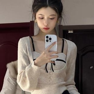 Pure Desire Style Design Bow Sling Knitted Sweater Two-piece Set Women's Spring New Style Small Inner Top Trendy