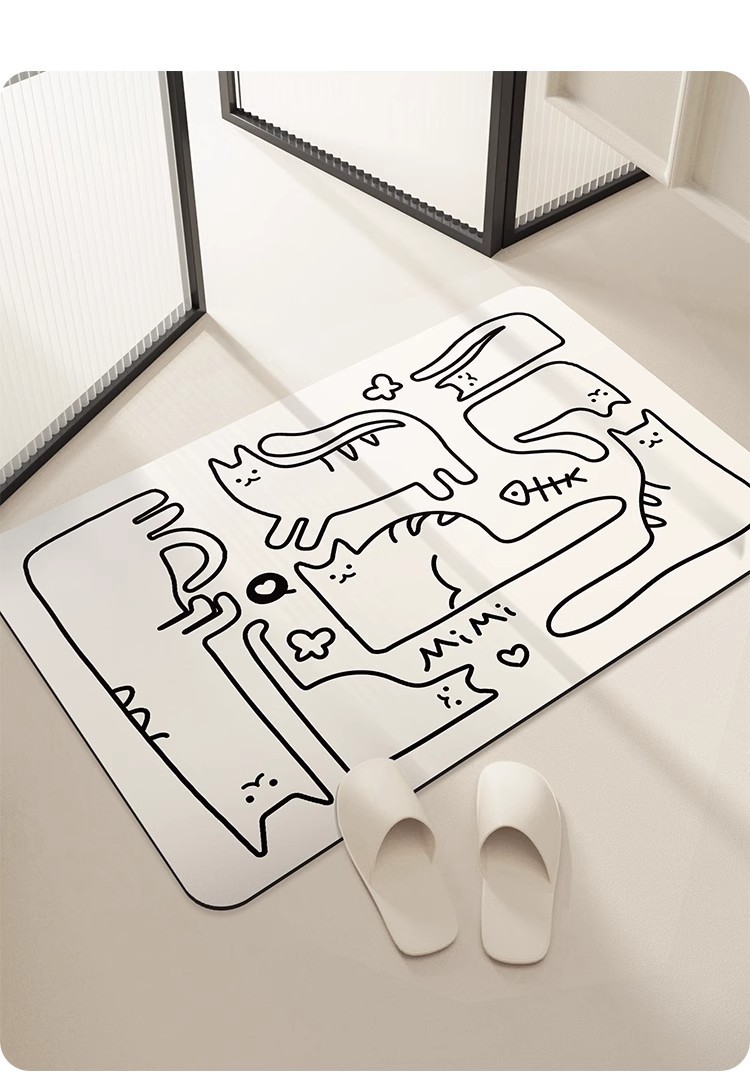Cartoon Line Cat Entrance Door Entrance Stain-Resistant Floor Mat Bathroom Shower Room Non-Slip Quick-Drying Easy-Care Floor Mat