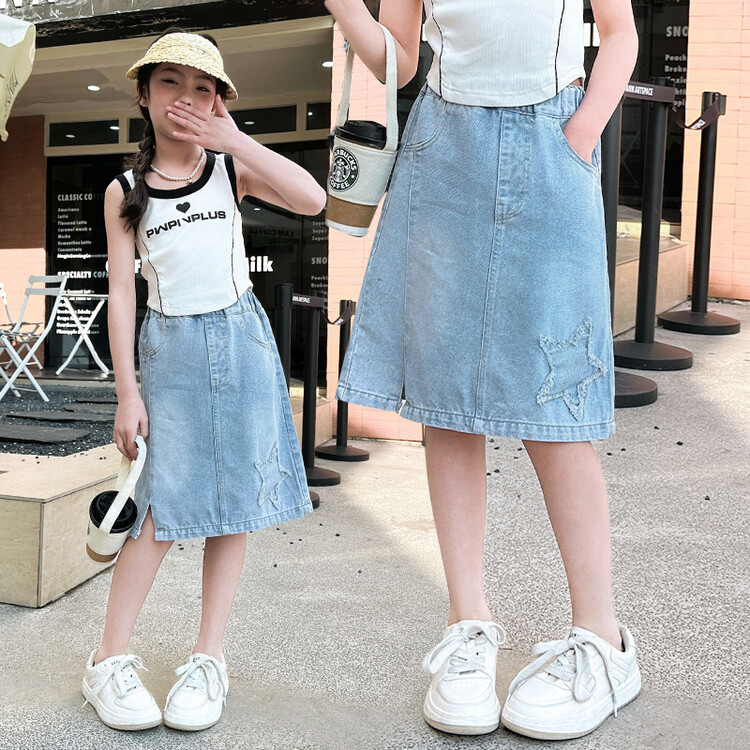 女童洋氣韓版中長款裙子2024夏季新款兒童時尚牛仔半身裙港風半裙