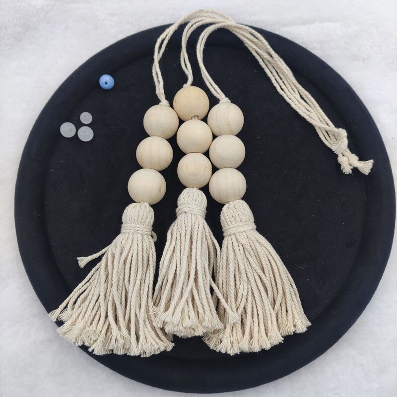 Ins Natural Wood Color Wooden Bead Tassel Pendant Handmade Woven Accessories Hemp Rope Wooden Beads Home Closet Door Curtain Decoration