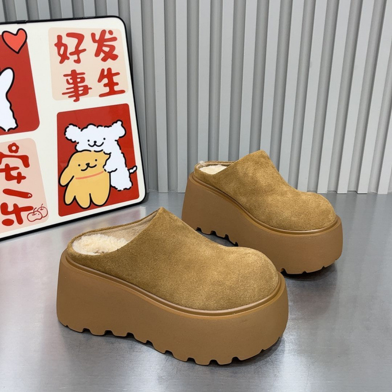 가을 2025 새로운 패션 빵 슬리퍼 캐주얼 바오터우 슬리퍼 소프트 가죽 두꺼운 단독 높이 증가 여성 신발 유행 싱글 릿 코튼