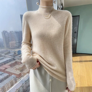 半高领一体无缝卷边山羊绒衫女长袖气质女神宽松羊毛针织打底衫冬