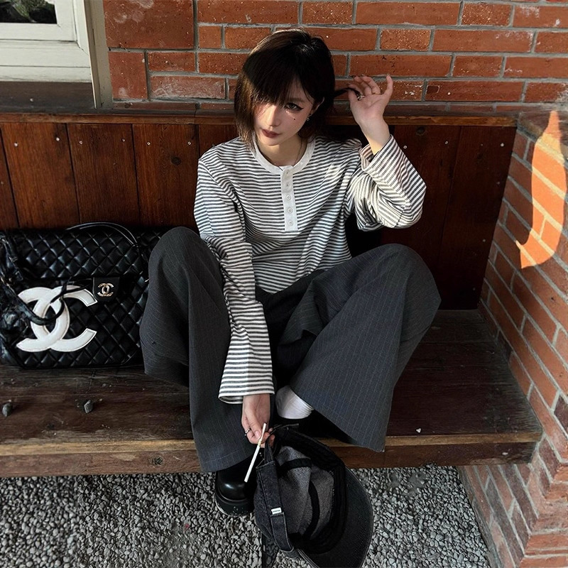 American Retro White Stripesd Contrasting Color Stitching Henry Collar Long-Sleeved T-Shirt for Women Early Autumn Loose Casual High Street Top Trendy