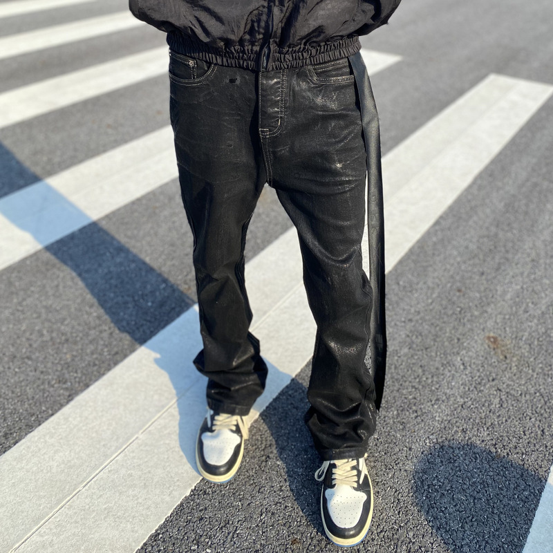 High version ro style handmade wax pants vibe micro-pull wide-leg stretch ribbon High Street cleanfit jeans