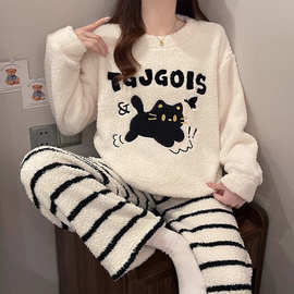 网红新款冬季圆领套头半边绒睡衣女卡通甜美保暖家居服套装图片色