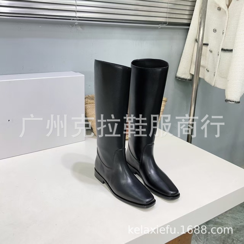 小众2025秋冬真皮方头复古简约百搭平跟套筒高筒骑士靴不过膝长靴|undefined