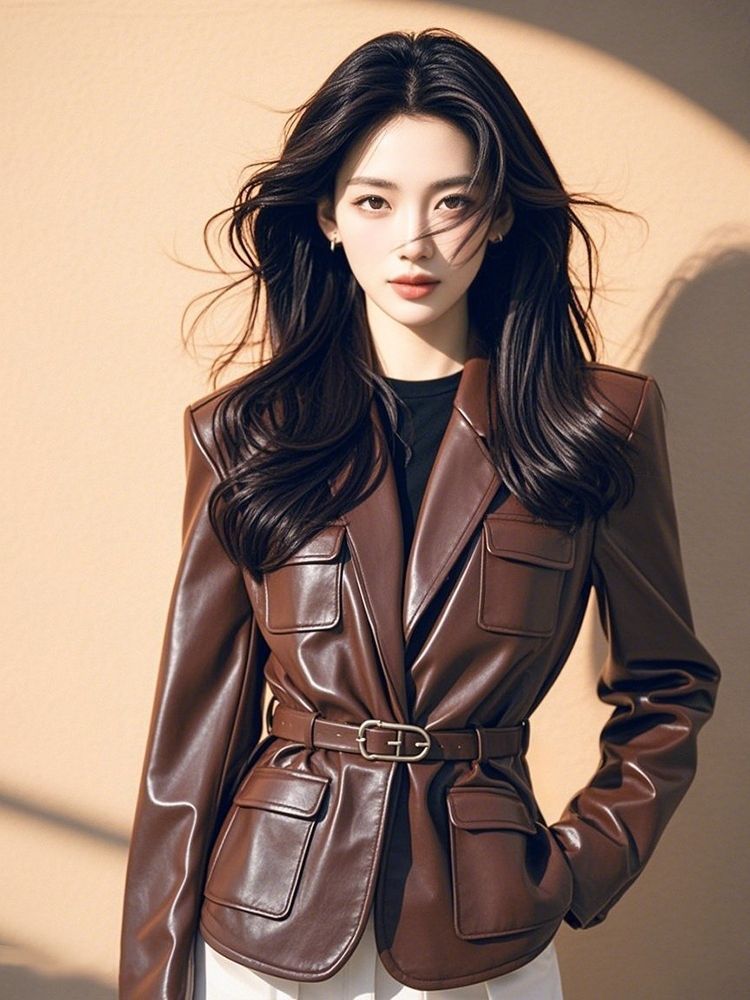 Retro Style and Super Nice-Looking, This Year's Popular Beautiful Brown Waist-Cinching Leather Jacket for Women 2025 Fashionable Autumn and Winter Tops
