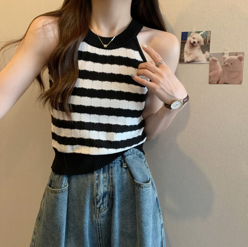 Black and white color block striped short halterneck camisole women's inner wear summer sweater sleeveless bottoming top