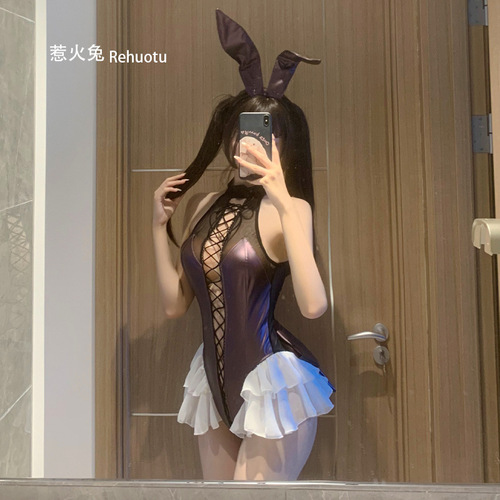 Hot Rabbit New Patent Leather Open-Stitch One-piece Bunny Girl Pure Desire Sexy COS Uniform Suit Cosplay 8374