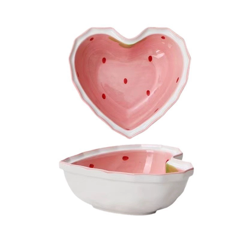 Ceramic strawberry heart bowl, 6‑inch dessert and salad bowl, pink glazed gift bowl