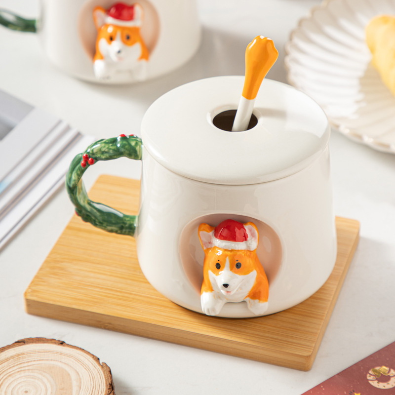 Taza linda del Corgi de la Navidad casera de alto aspecto de cerámica con el regalo de la taza de café de los hombres y de las mujeres de los pares de la cuchara de la tapa