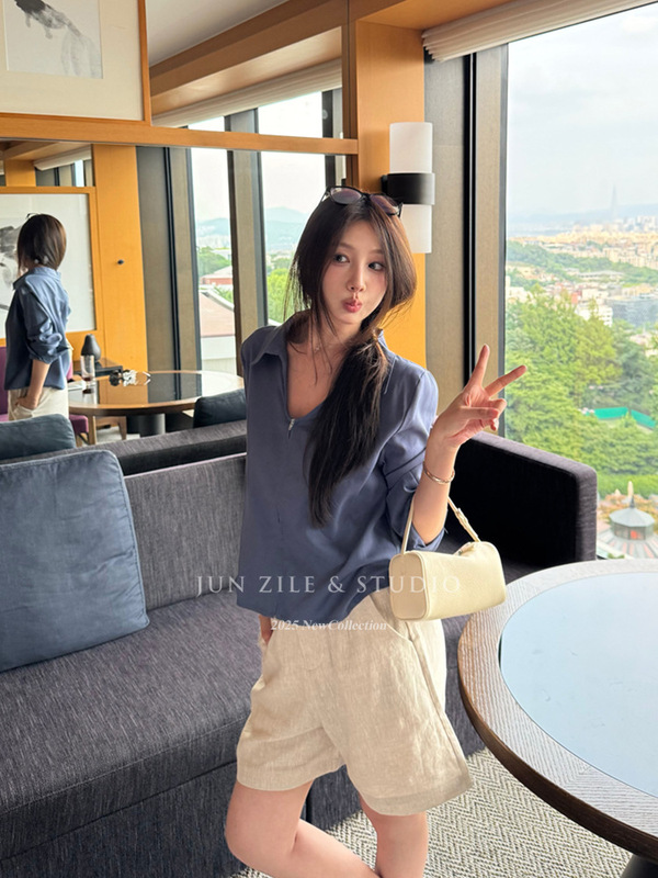 衬衫女夏季韩系休闲翻领V领松弛感慵懒风长袖衬衫拉链正肩上衣夏|undefined