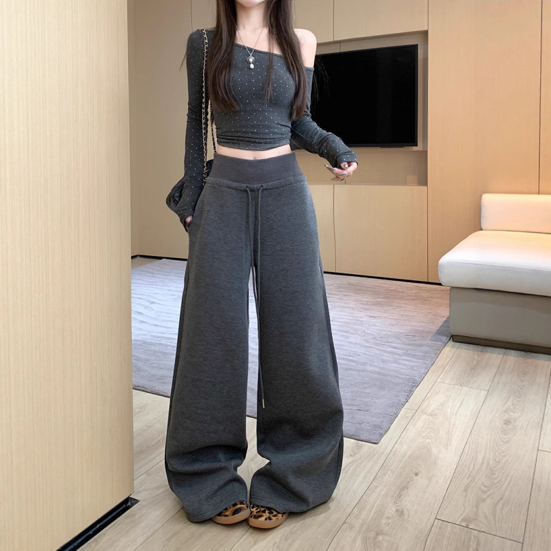 慵懒风灰色休闲裤早秋卫裤女高腰直筒裤阔腿裤长裤垂感拖地裤女|undefined