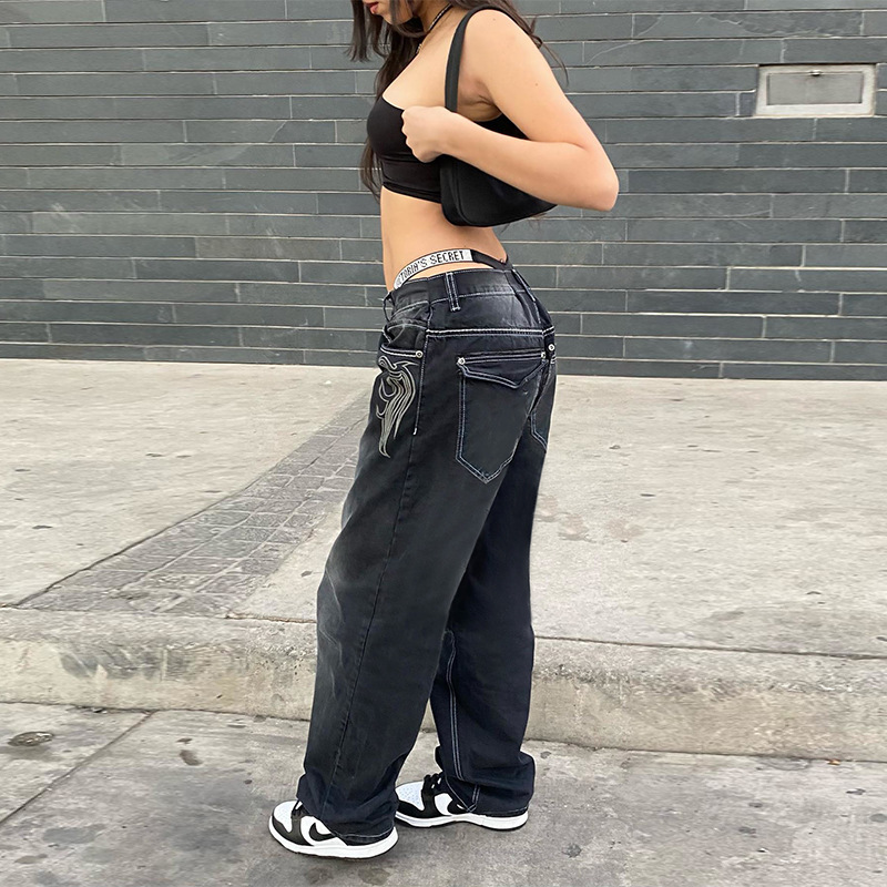 Cross-Border High-Waisted Straight-Leg Pants, Washed Long Cotton Denim Pants, New Women's Low-Waist Jeans, Trendy Brand, Lazy Style