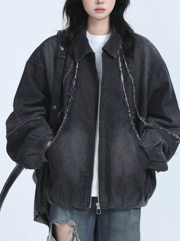 美式复古重工水洗毛边牛仔外套男女秋季新款宽松小众嘻哈潮牌夹克|undefined