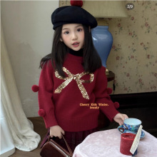 25韩系款儿童蝴蝶结毛巾刺绣针织毛衫女童亮片蝴蝶结洋气针织开衫