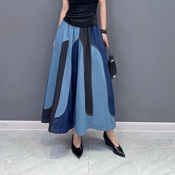 Women's Korean-style contrast color stitching Denim pants Autumn New loose slimming fashionable fashionable casual wide-leg pants