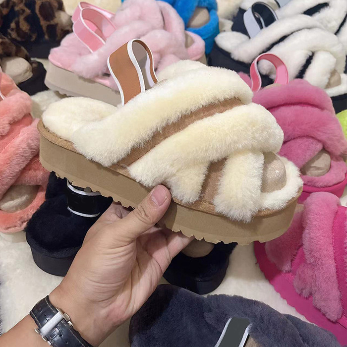 Cross-Border Foreign Trade Thick-Soled Slippers Snow Boots Women's Sheepskin All-In-One Cross Platform Thick-Soled Lamb Fur Slippers
