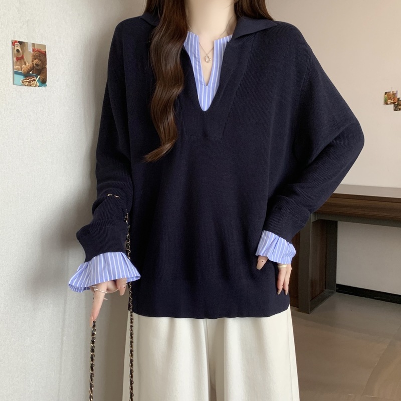 大码胖mm条纹撞色拼接假两件针织衫女秋季新款正肩显瘦长袖上衣|undefined