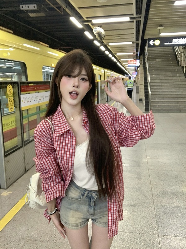 复古红色格子衬衫女装早秋慵懒风长袖POLO领衬衣宽松休闲开衫上衣|undefined