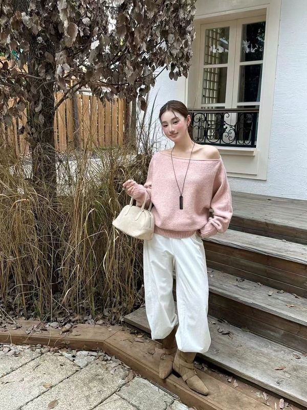 韩国chic休闲斜肩长袖女松弛感不规则针织衫秋上新小众蝙蝠袖上衣|undefined