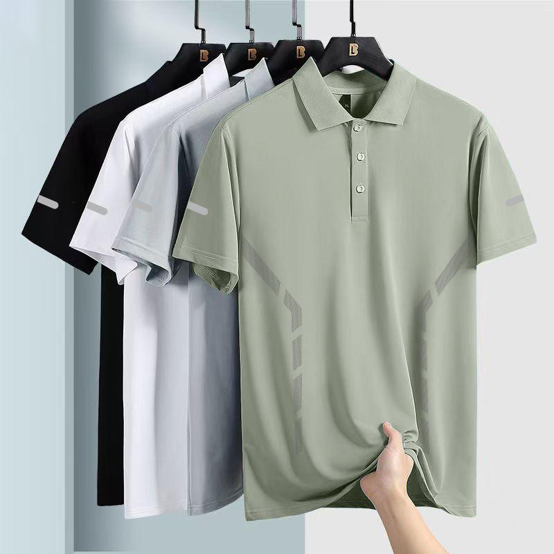 Polo de seda de hielo de verano para hombre, solapa, manga corta, cuello de polo de color sólido de negocios, manga corta, cómoda, versátil, transpirable