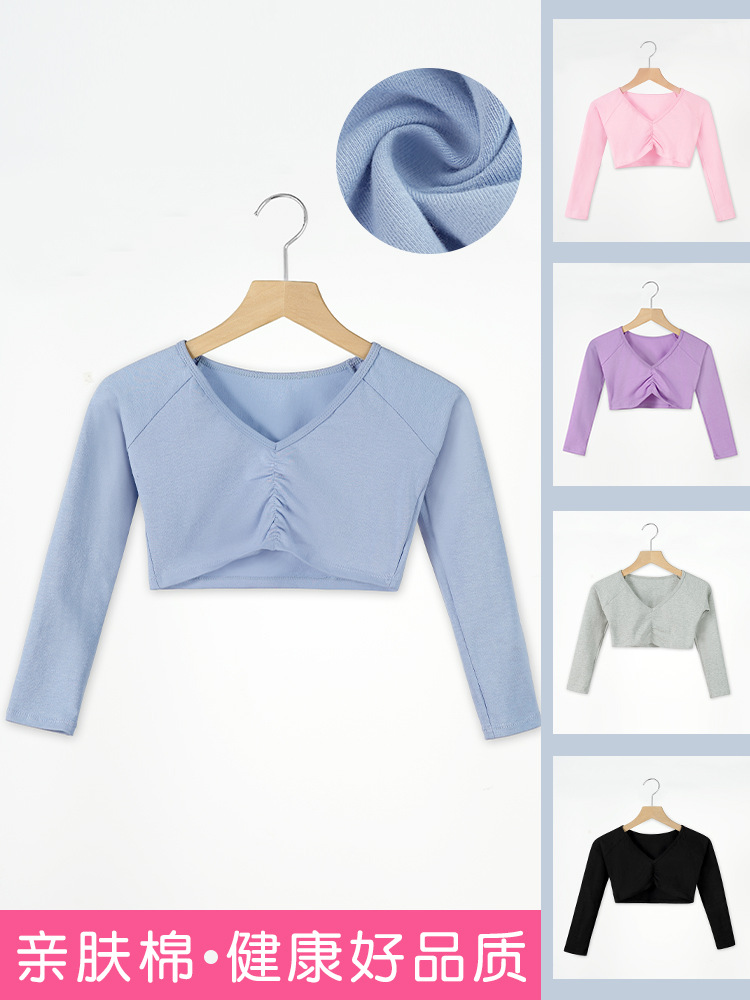 Ropa de baile para niños, chaleco, manga larga, cuello en V, chaqueta plisada, ropa de ballet, top, entrenamiento corporal, chal de baile
