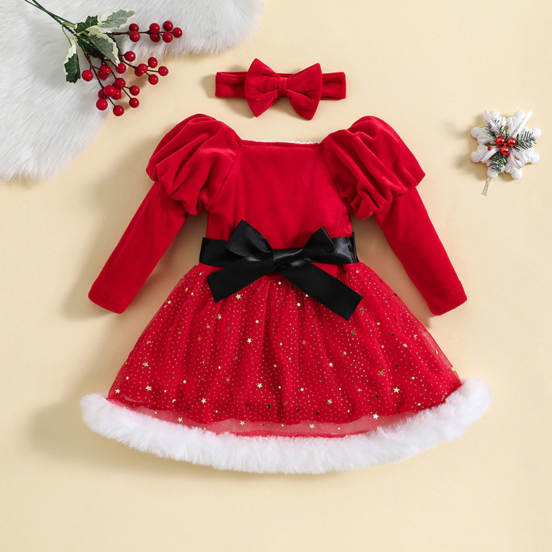 Vestido nuevo de Navidad para niños 2023 vestido de princesa de malla de estrella con manga de burbuja + lazo_voghion.com