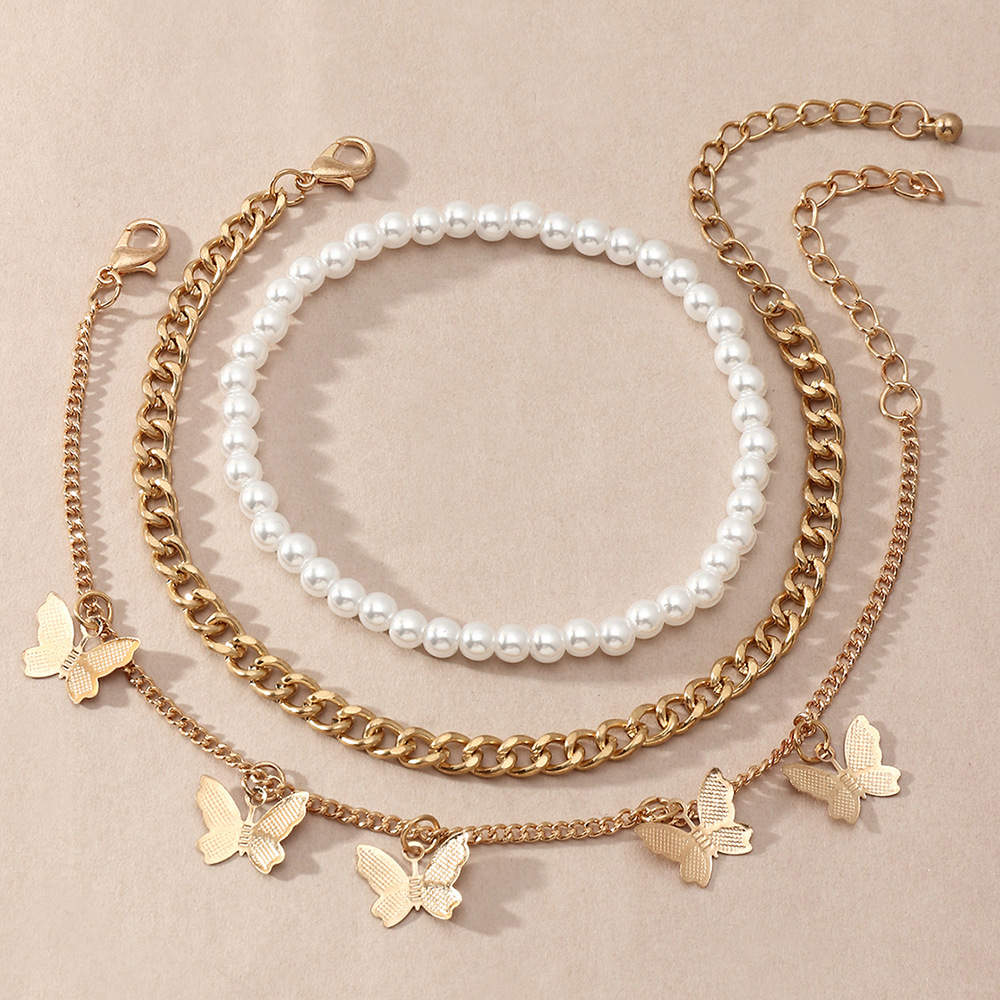 Fashion butterfly pearl alloy anklet wholesale