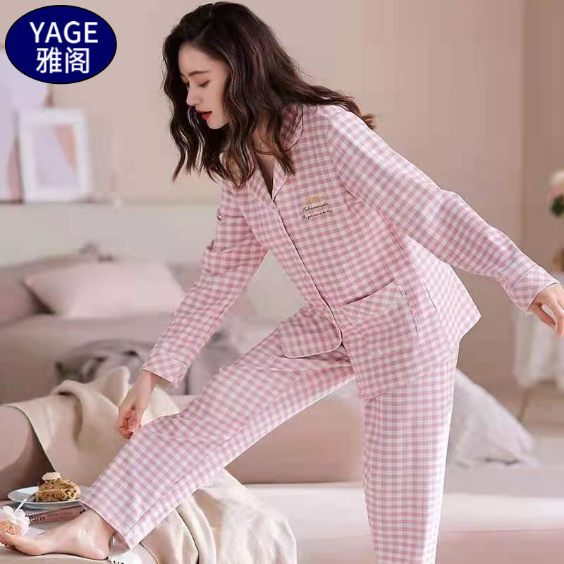 Pijamas de algodón puro Primavera y otoño de las mujeres de manga larga más tamaño cardigan traje de mediana edad y ancianos madre pijamas Otoño e Invierno