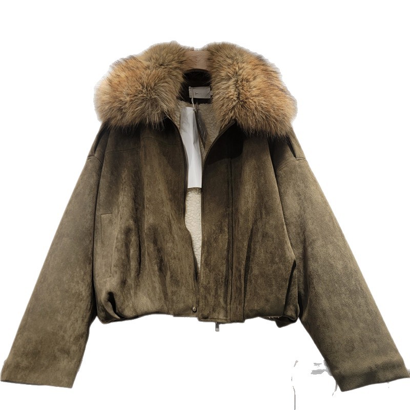 Estilo europeo y americano de alto nivel desmontable cuello de lana de peluche grueso chaqueta de algodón de mujer perezosa chaqueta corta de moda