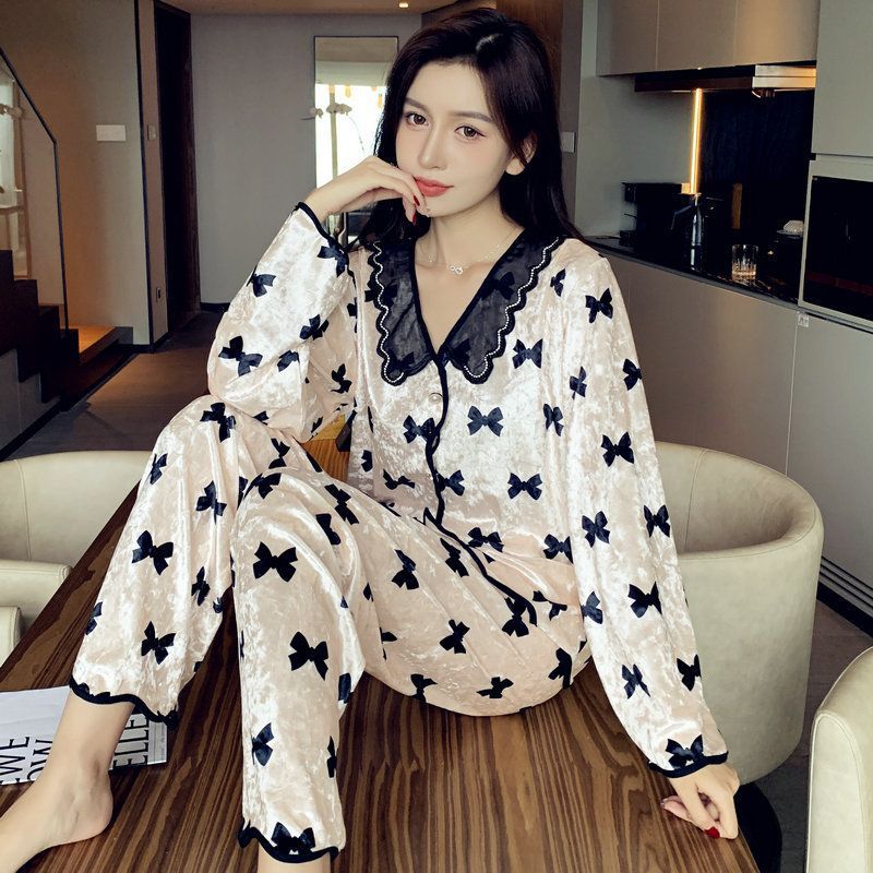 Pijamas de terciopelo de oro al por mayor transfronterizos mujeres otoño invierno nueva camiseta de encaje cuello de encaje sexy dulce conjunto de ropa doméstica