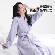 睡衣女士加绒加厚长款系带睡袍长裤套装女仿半边绒家居服2025