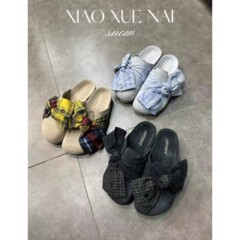 Birkenstock レトロデニムチェック柄リボンつま先ハーフスリッパ女性のアウターウェア 2025 新しいスリッポンスリッポンサンダル