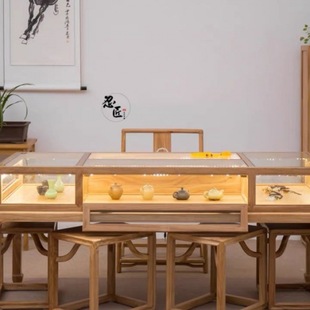 Elm Display Cabinet, New Chinoiserie Jewelry Counter, Jewelry, Cultural and Entertainment Glass Booth Table, Jade Container, Shopping Mall Island Cabinet