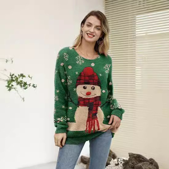plus size Christmas Sweater Snowman Pattern Printed Oversized Pullover Mink Hair Casual Loose Knit Top New Lazy