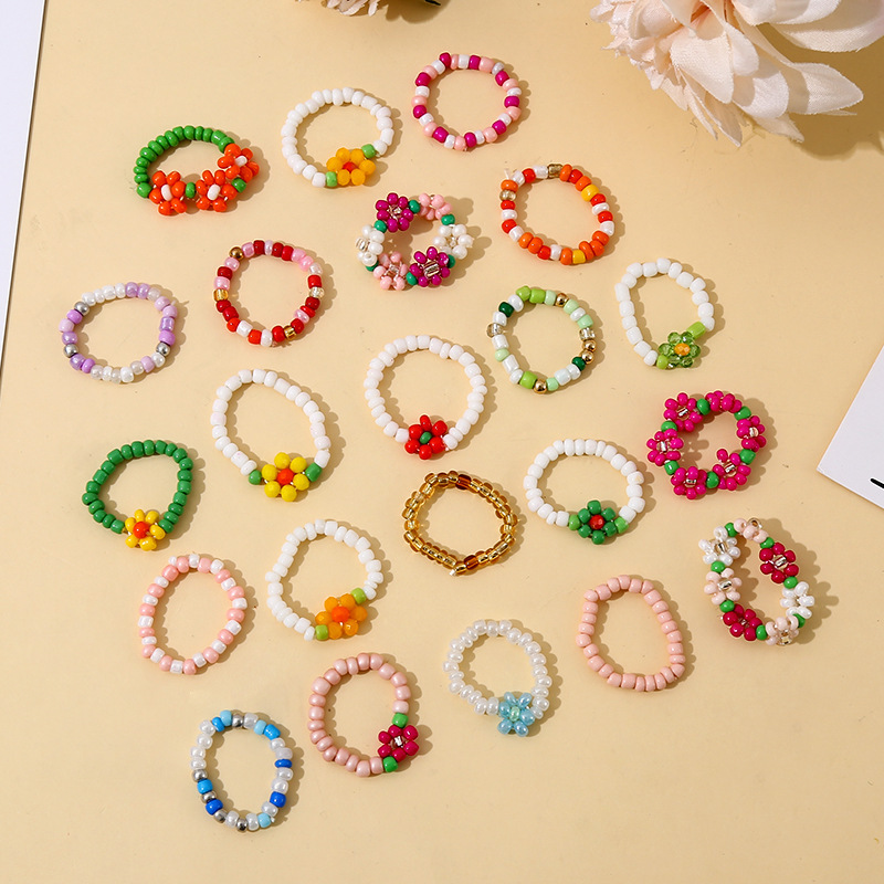 Rice Bead Ring Hyuna Style Flower Ring Japanese and Korean Jewelry Colorfulful Braided Flower Bohemian Index Finger Girl Tail Ring