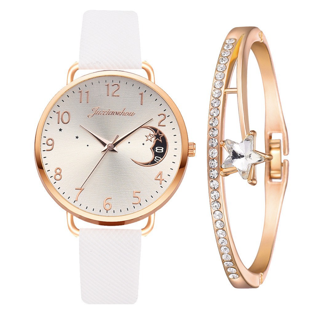 new hot women's personality quartz watch set Pu with moon pattern dial with calendar_voghion.com