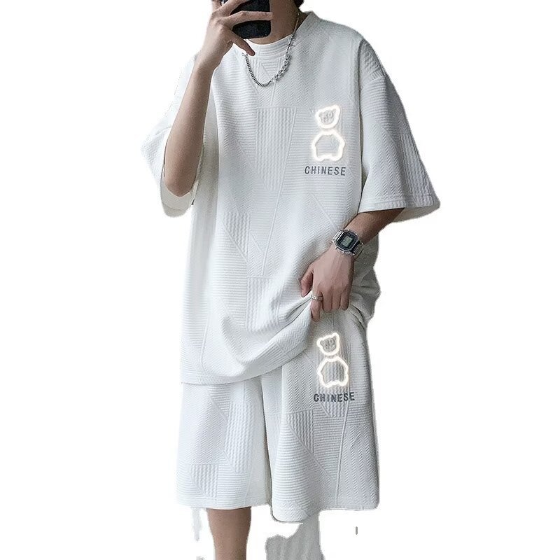 Camisa menos ropa Waffle traje de manga corta estilo de Hong Kong para hombres suelta talla grande tendencia de moda con estampado de oso mangas de cinco puntos