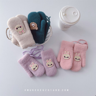 South Korea blogger baby gloves winter fleece-lined warm bunny bear children's halter finger gloves