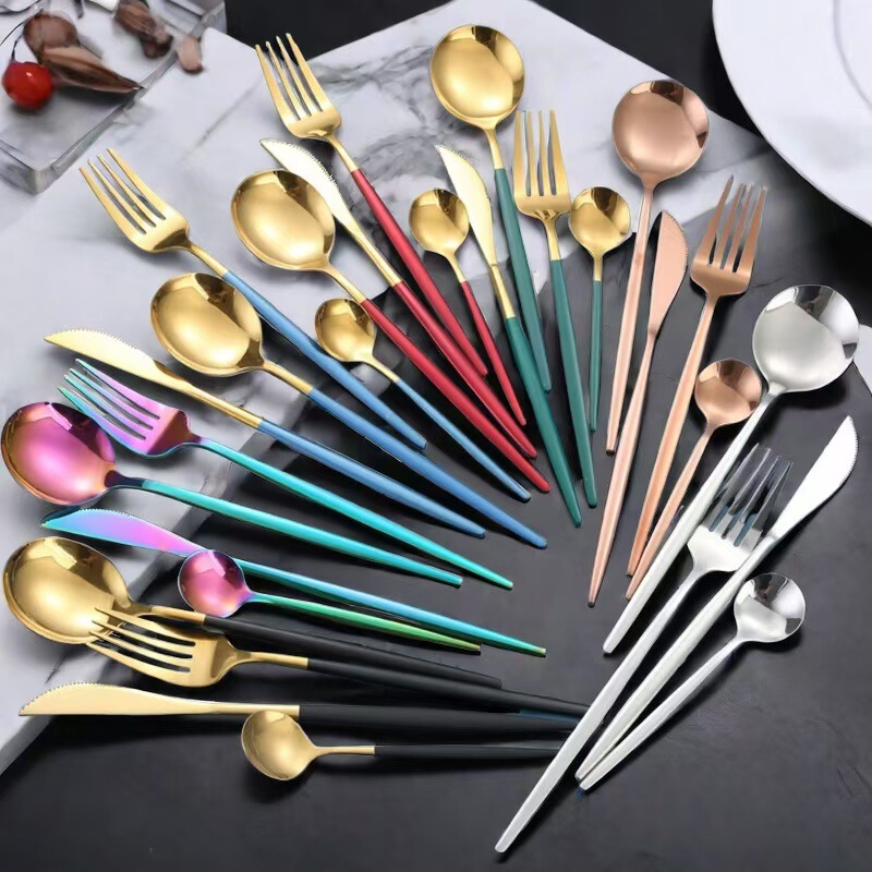 Cross-border Stainless Steel Portuguese Western Tableware Knife and Fork Spoon Creative Gold Plated Thickened Steak Knife and Fork Spoon Four-piece Set Cross-border Stainless Steel Portuguese Western Tableware Knife and Fork Spoon Creative Gold Plated Thickened Steak Knife and Fork Spoon Four-piece Set