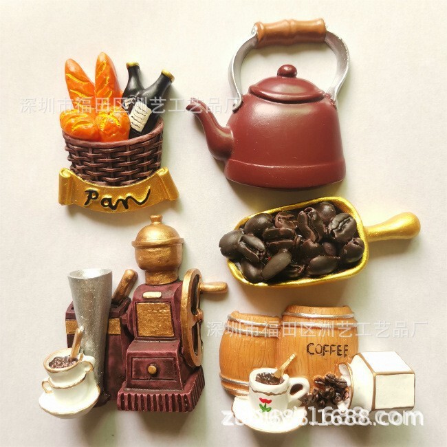 Refrigerator Magnet Resin Refrigerator Magnetic Sticker European Retro Coffee Machine Coffee Bean Refrigerator Magnet Day Ornament