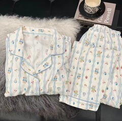 源头工厂长袖睡衣女春秋季云朵棉翻领开衫长裤家居服外贸抖音爆款