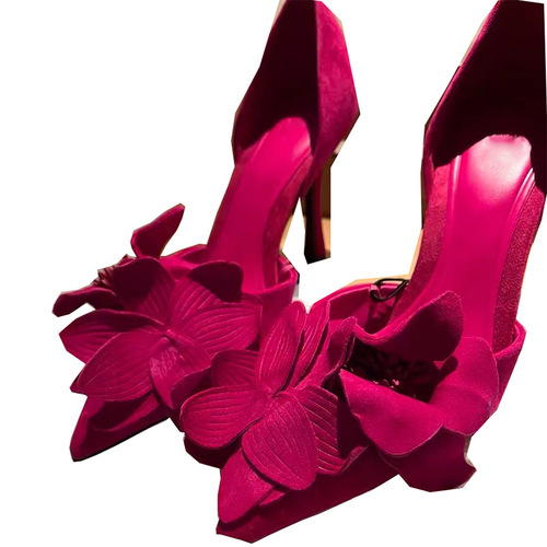  Spring Rose Red Flower Decorated High Heels Sexy Style French Slip-on Stiletto Pointed Toe Sandals for Women