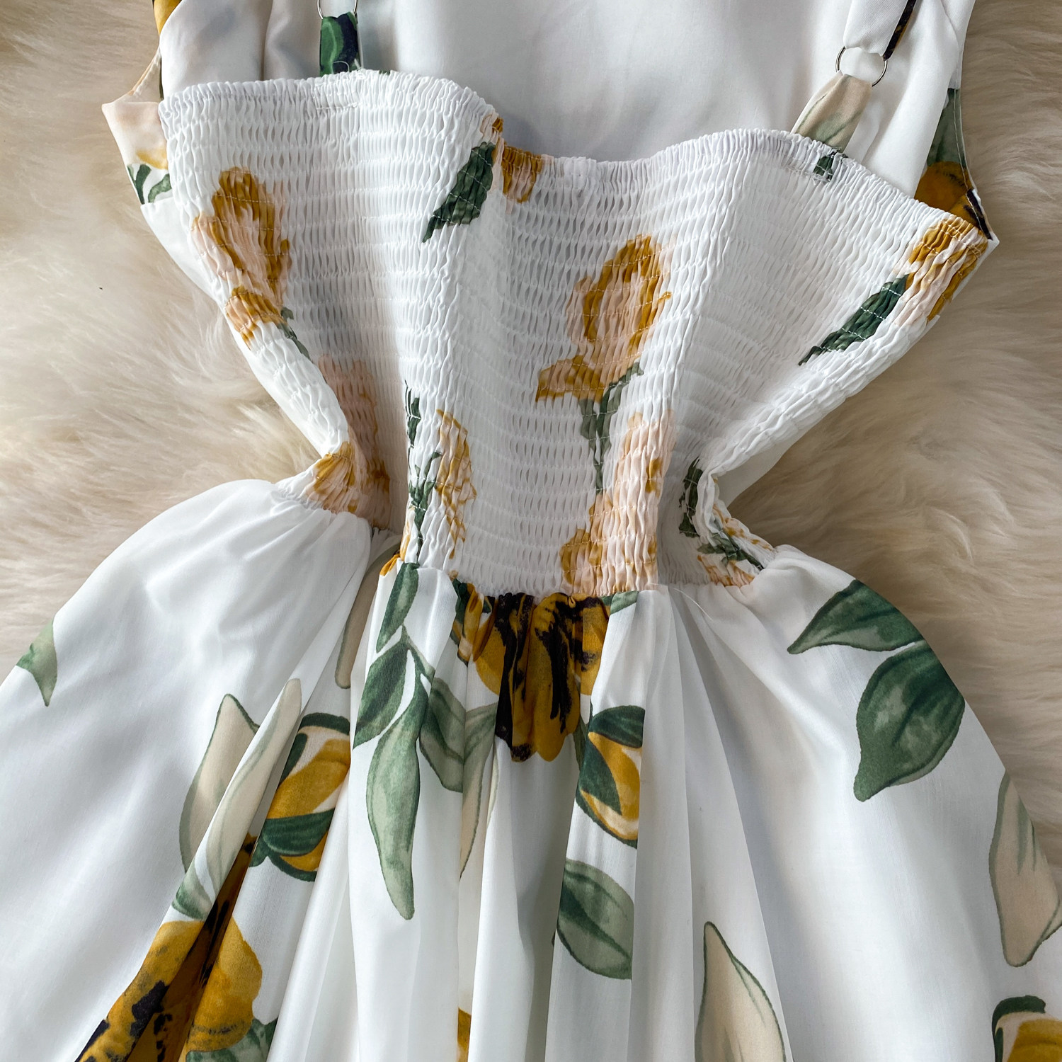 Romantic Floral Print Square Neck Dress European American Style Summer Suspender High Waist Cinching Slimming Full Skirt Women's Clothing_ecoleips.com