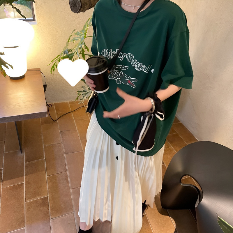 American Retro Crocodile T-Shirt Loose Slimming Printed Short-Sleeve T-Shirt for Women Trendy Casual Base Top