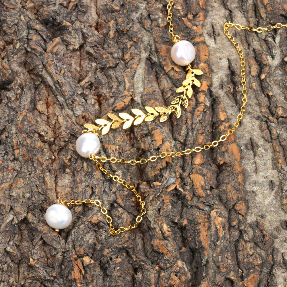 Fashion Leaf Copper Pearl Bracelets Earrings Necklace