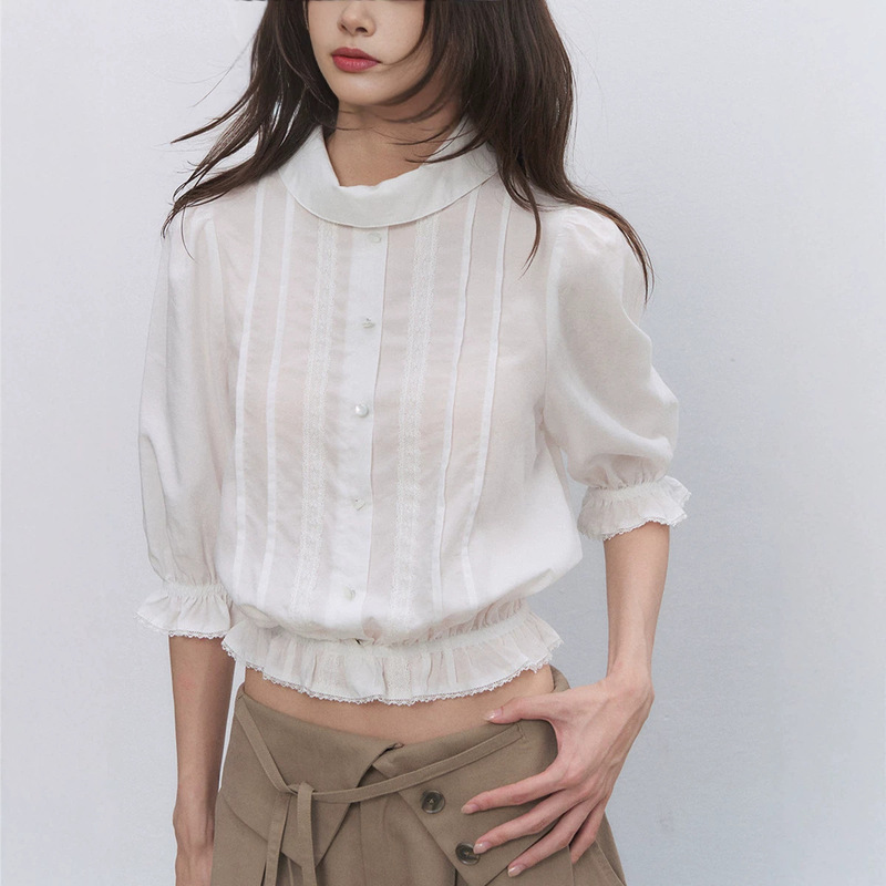 Sote Seaso "Slow Tempo Series" Women's Faux Two-Piece Lace Round Neck Short Sleeve Short Shirt Top