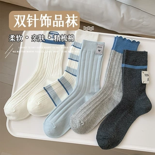 双针中筒袜女生春夏简约ins风通勤百搭女士吸汗透气布标棉袜新款